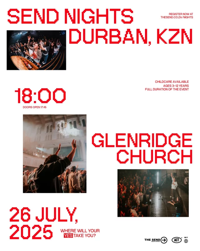 You saw the first post. You know we’re coming.
God is moving in South Africa — and Durban, you’re not excluded. 
SEND NIGHTS is a space where His presence marks lives, vision is clarified ✨, and people are activated into the harvest 🌾🔥
It’s not about a stage or a moment. It’s about a generation saying yes to Jesus — fully, boldly, and without hesitation. 🙌
If you’ve been waiting for the right time to step in… This is it. 👣

📆 26 July 📍 Glenridge Church, Durban ⏰ 18:00 (Doors open 17:45) 👶 Childcare available (Ages 3–12) 💸 FREE EVENT
🔗 Registration link in bio

#SendNights #TheSendSouthAfrica #KZNRevival #IntoTheHarvest #NextGenRevival #FaithInAction